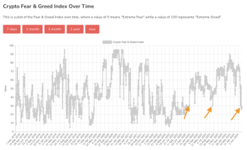 Fear and greed index. V době psaní článku relativně nízko. Zdroj: alternative.me